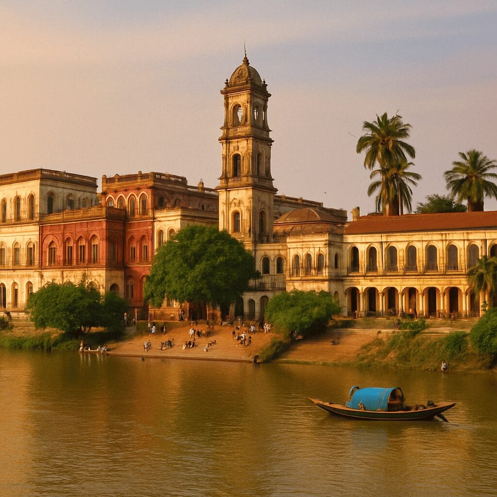 Historic colonial buildings lining the Hooghly Riverbank with a traditional boat in the foreground.