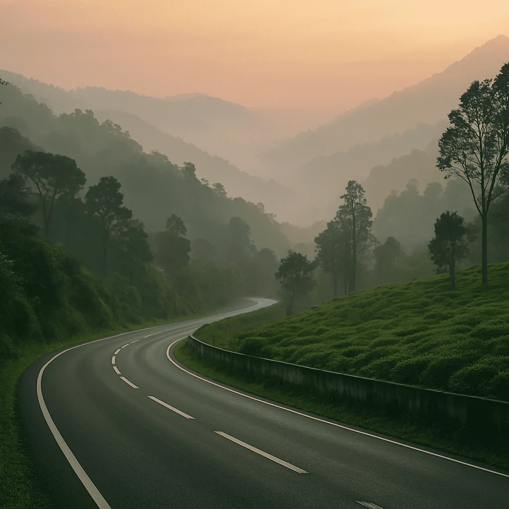 A winding road curves through mist-covered green hills on the way to Vagamon, flanked by tea plantations and tall trees under a soft golden-pink sky at dawn.