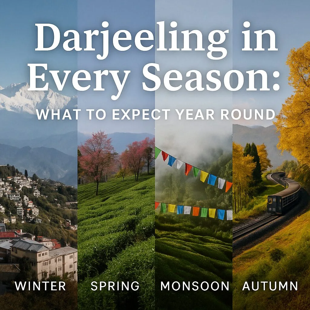 A four-panel collage showing Darjeeling’s winter, spring, monsoon, and autumn landscapes with a bold white text title.