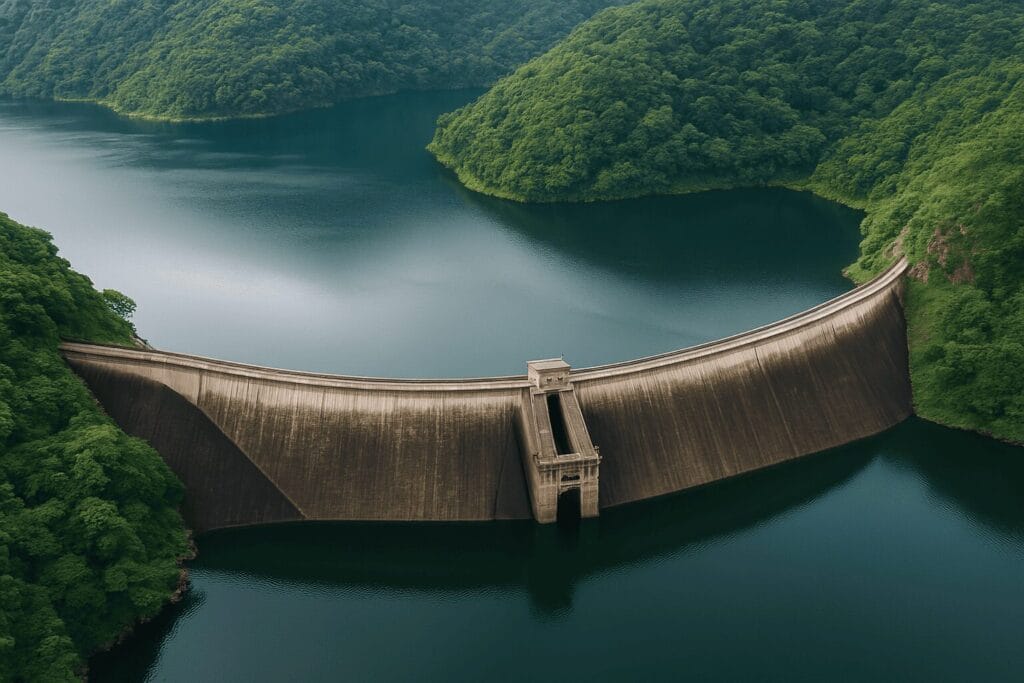 Aerial drone view of the curved Idukki Dam and the surrounding forested reservoir.