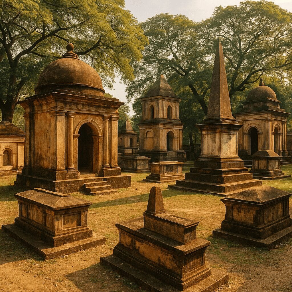 Aged tombs and domed mausoleums in the Dutch Cemetery surrounded by trees and golden light.