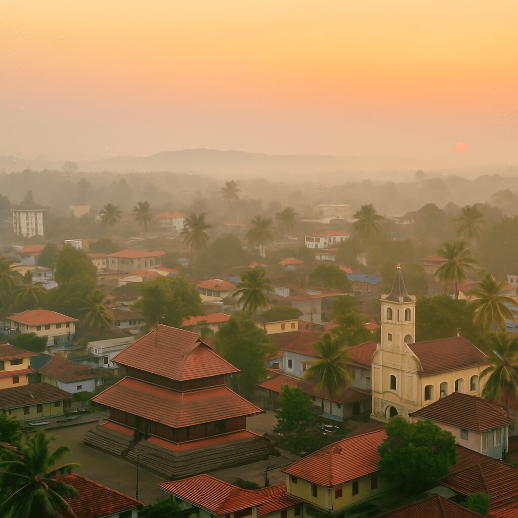 A tranquil early morning scene of Kottayam town, with golden sunlight illuminating rooftops, temples, and churches, set against a backdrop of misty hills and a softly glowing sky.