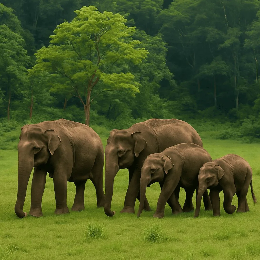 A herd of wild elephants walking through a lush forest in Idukki.