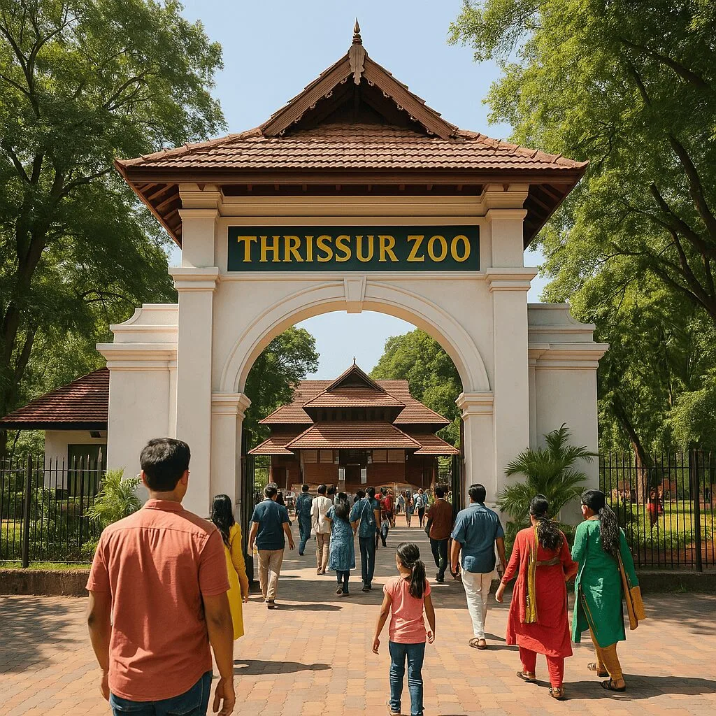 Entrance gate of Thrissur Zoo on a sunny day, with visitors walking in under a traditional Kerala-style arch surrounded by greenery and dappled sunlight.