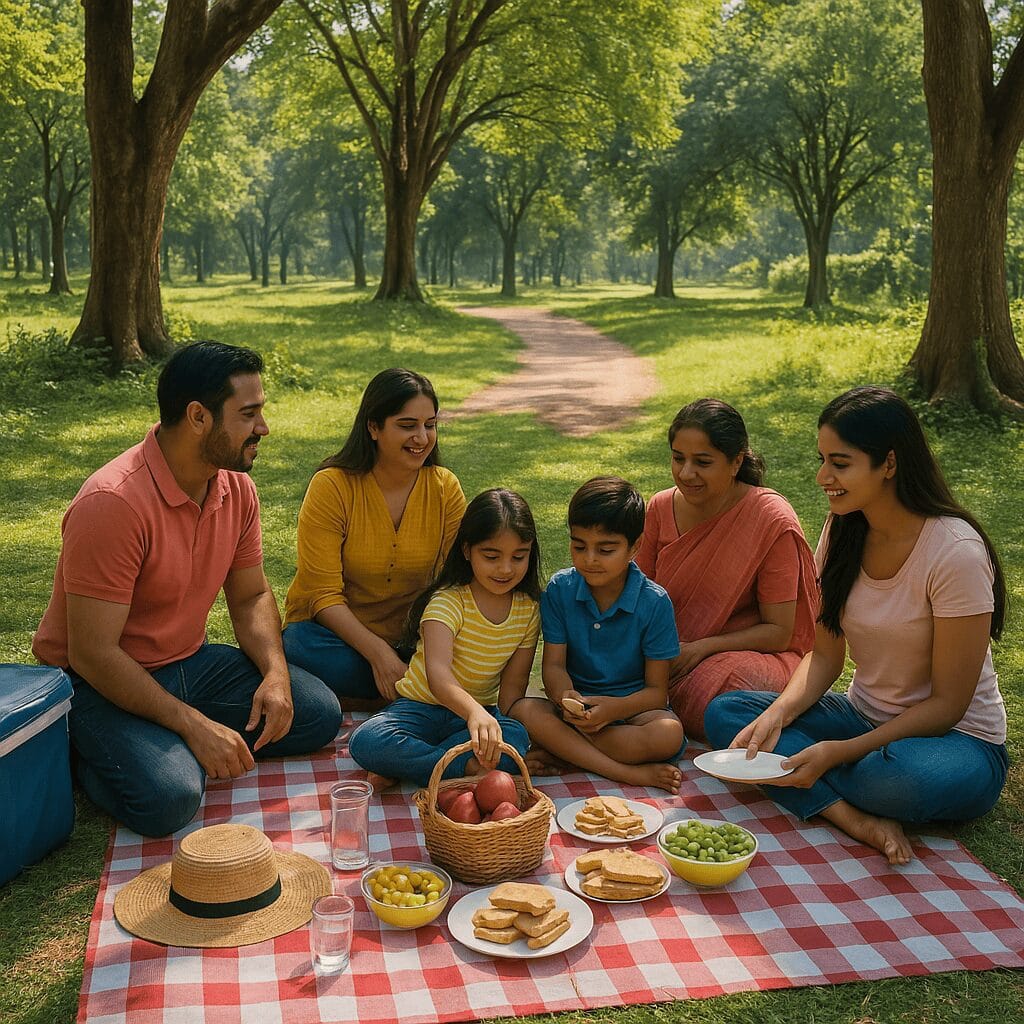 Happy Indian family enjoying a picnic on a red-checkered mat under shady trees in Bankura.