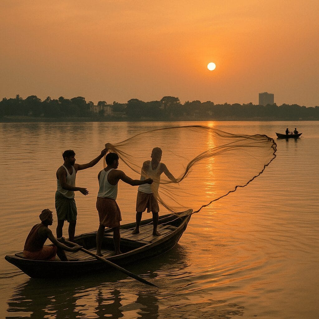 Group of fishermen casting nets from a wooden boat on the Hooghly River during golden hour.