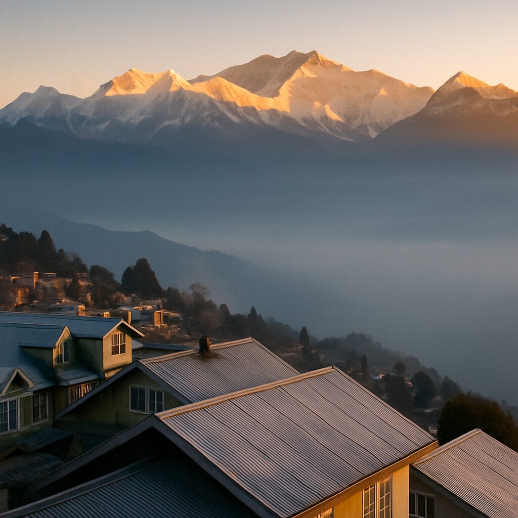 Golden sunlight hits snow-capped peaks as it glows over frosted rooftops in a serene Darjeeling mountain village.