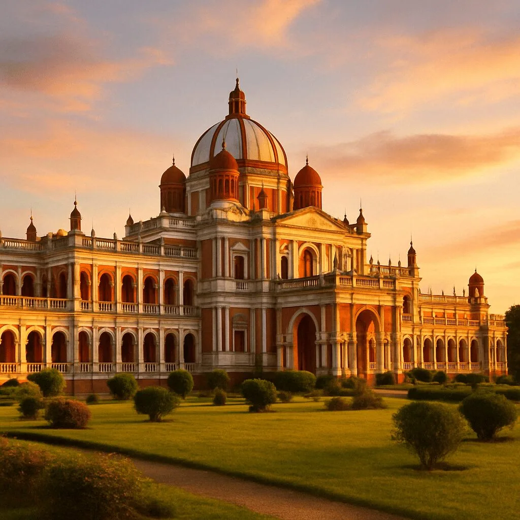 Cooch Behar Palace bathed in golden hour light with clear architectural details and manicured lawns