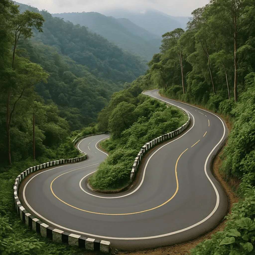 A winding mountain road with sharp hairpin bends between Pollachi and Valparai, surrounded by lush green forests and rolling hills under a cloudy sky.