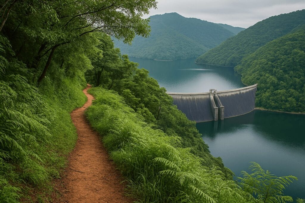 Hidden forest trail leading to a distant view of the Idukki Dam across a reservoir.