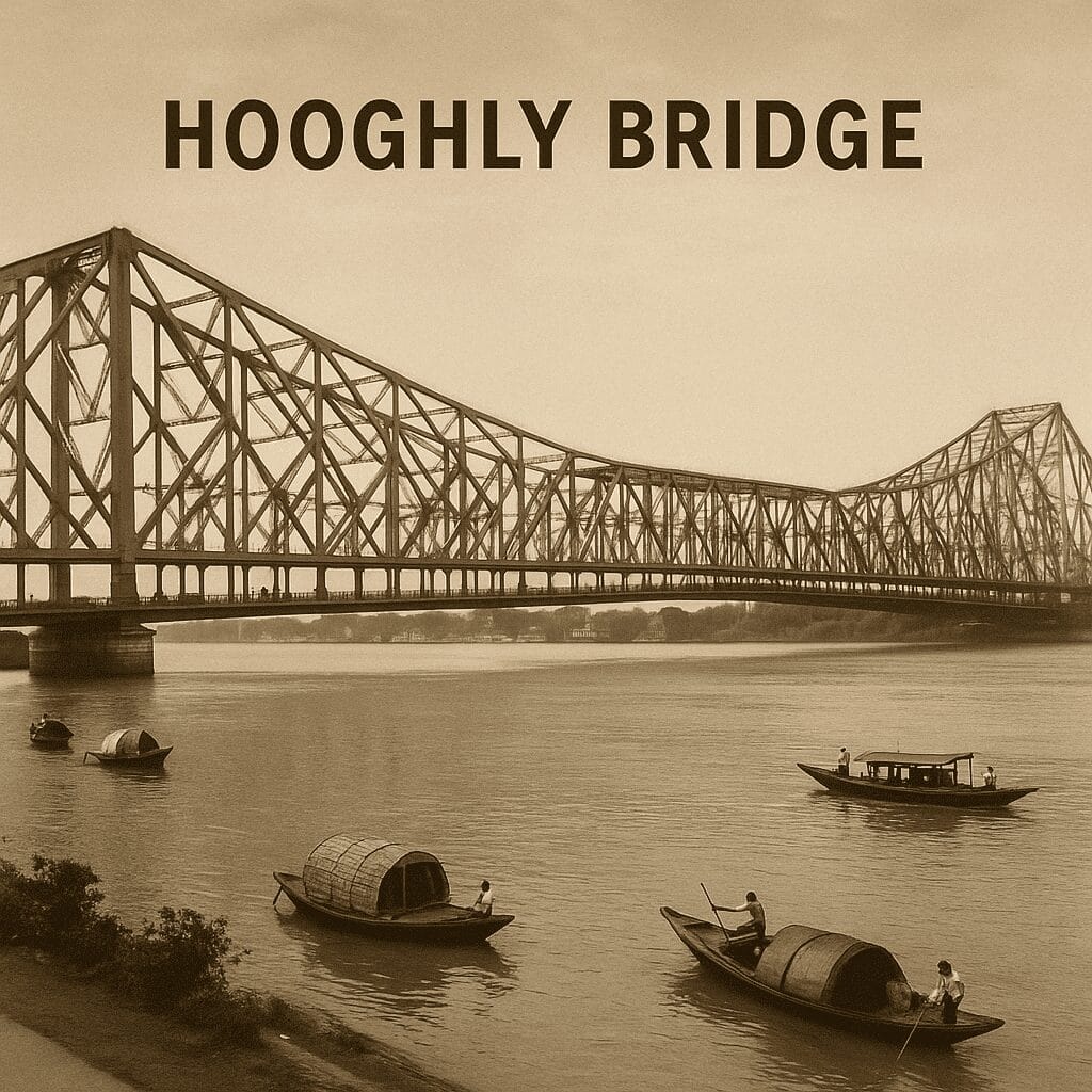 Sepia-toned historic photo of Hooghly Bridge with multiple wooden boats on the river below.