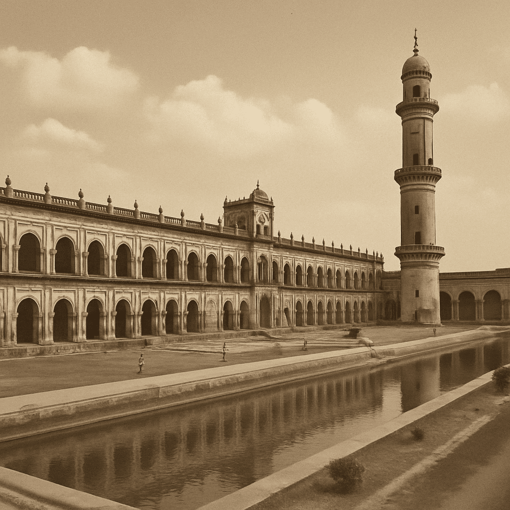 Sepia-toned vintage photograph of Hooghly Imambara showcasing its grand courtyard and historic arches.