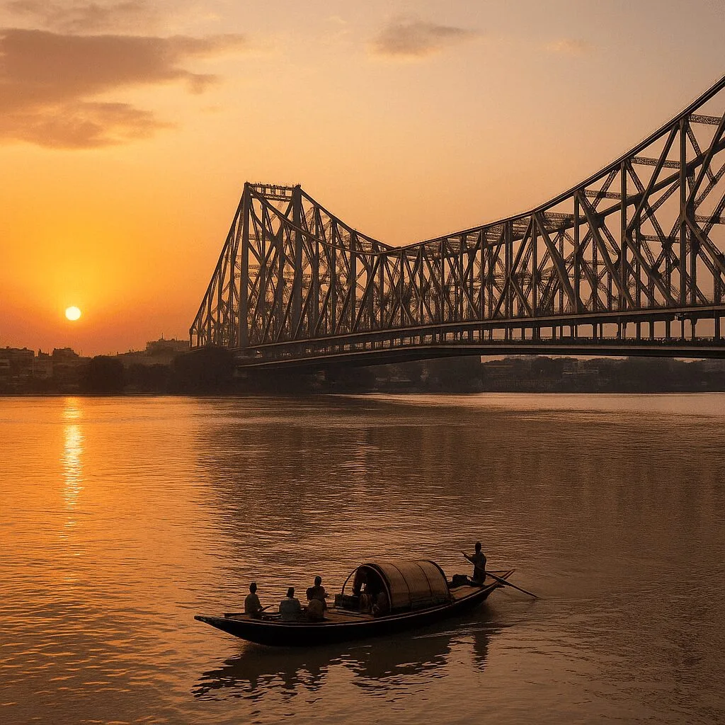 Silhouette of Howrah Bridge over Hooghly River at sunset with a traditional boat in the foreground.