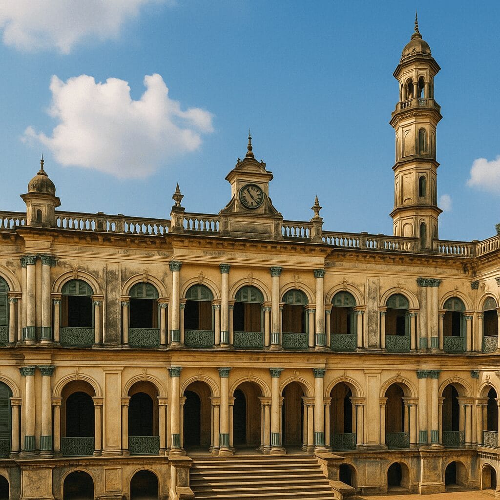 Intricate Islamic architecture of Hooghly Imambara featuring detailed carvings and the iconic clock tower under a blue sky.