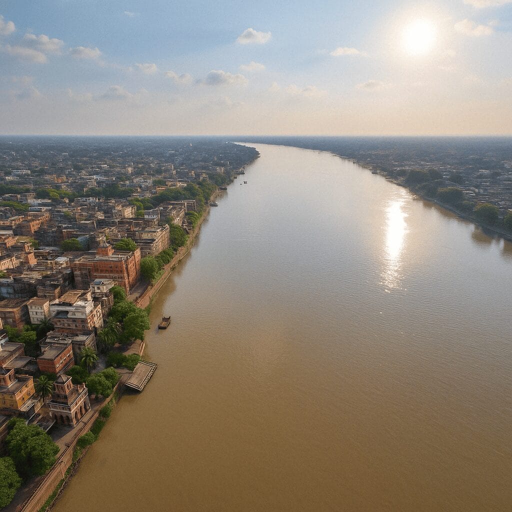 Aerial view of Hooghly River flanked by cityscape on one side and lush greenery on the other.