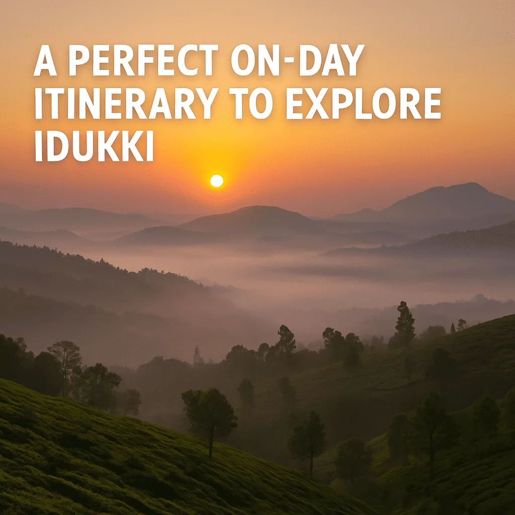 Sunrise over rolling hills in Idukki, casting golden light on tea plantations.