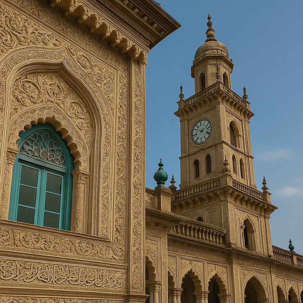 Detailed close-up of Hooghly Imambara's façade with floral carvings and a towering clock tower.