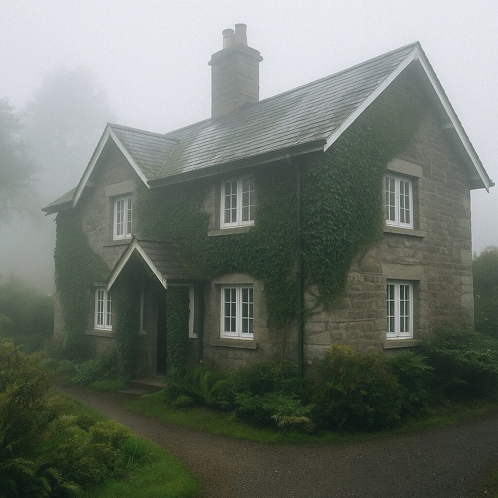 A foggy day in Darjeeling with a colonial-era stone bungalow covered in ivy surrounded by greenery.
