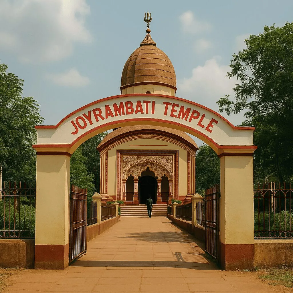 Front view of Joyrambati Temple gate with arched sign and path leading to the main shrine.