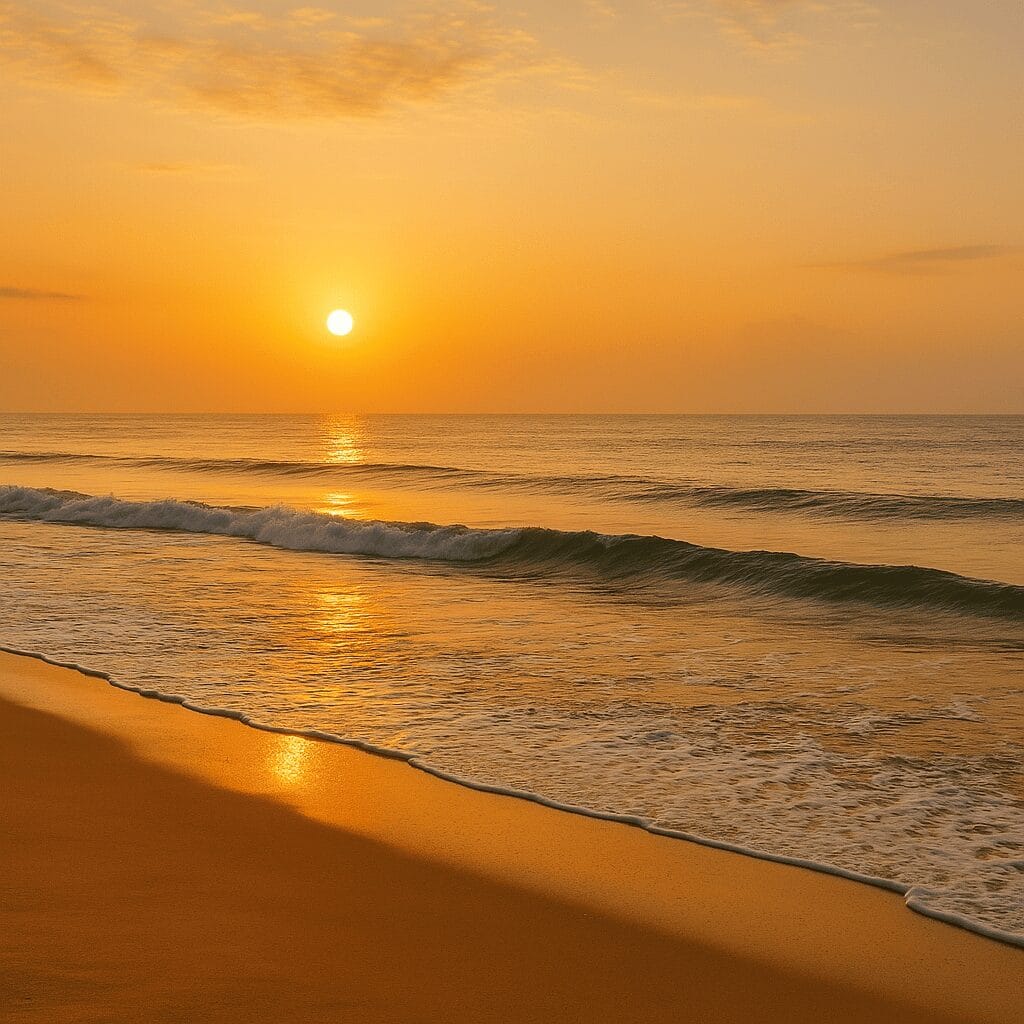 Sunrise at Kollam Beach with golden hues lighting up the sky and gentle waves rolling onto the sandy shore.