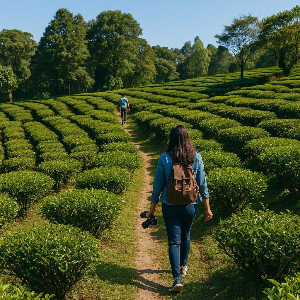 Travelers walk through bright green tea fields in Darjeeling, one holding a camera and the other exploring ahead.