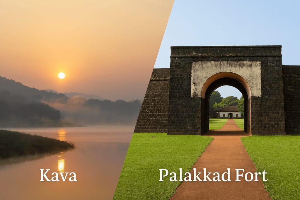 Early morning at Kava reservoir; stone fort gate under daylight