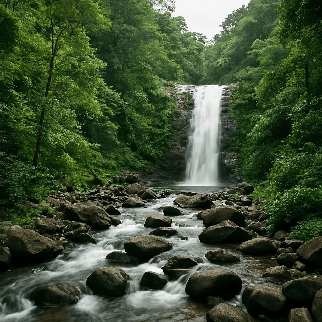 Monkey Falls cascades down a rocky cliff into a clear stream surrounded by lush green forest, moss-covered rocks, and dense tropical vegetation in Valparai.