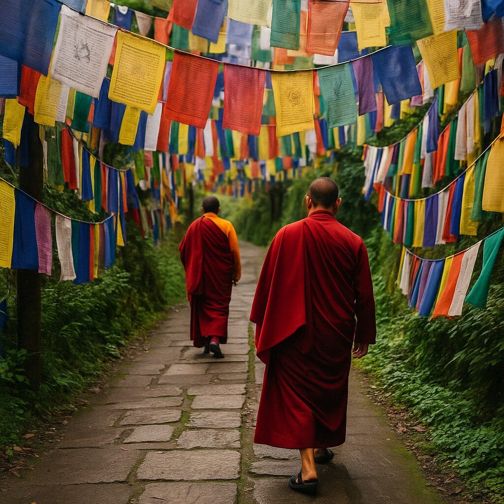 Two Buddhist monks walk along a dirt trail lined with colorful prayer flags in a misty Darjeeling forest.