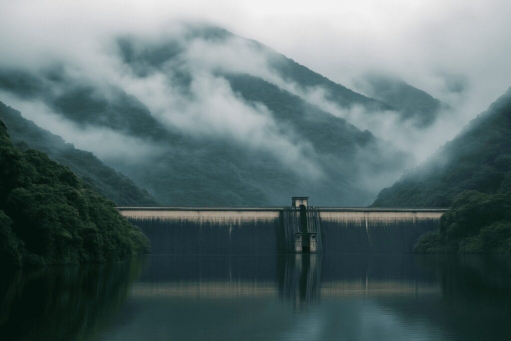 Idukki Dam in monsoon season, surrounded by mist, green hills, and overcast skies.