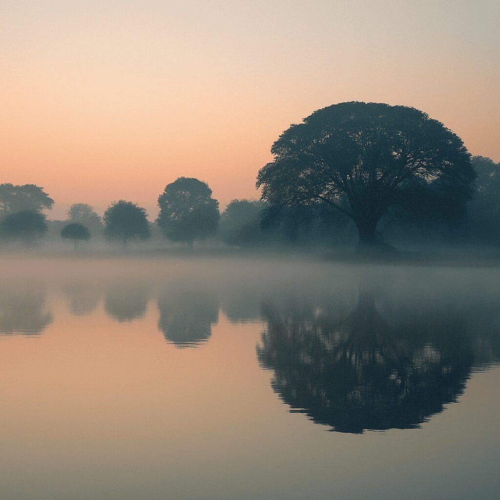 Peaceful Sagardighi Lake in Cooch Behar reflecting morning mist and trees under a calm sky