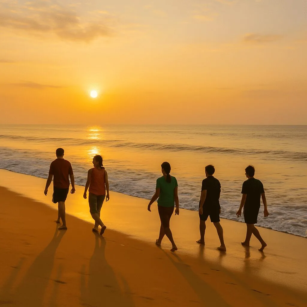 People walking along Kollam Beach in the golden morning light with waves lapping softly at the shore.