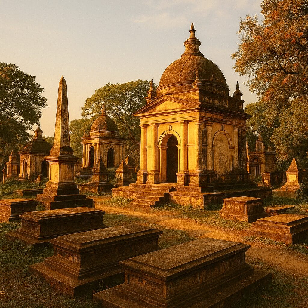 Aged tombs and domed mausoleums in the Dutch Cemetery surrounded by trees and golden light.