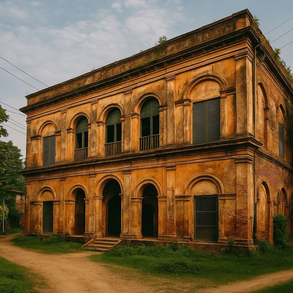 Two-story Dutch colonial building with weathered walls and arched windows in Chinsurah.