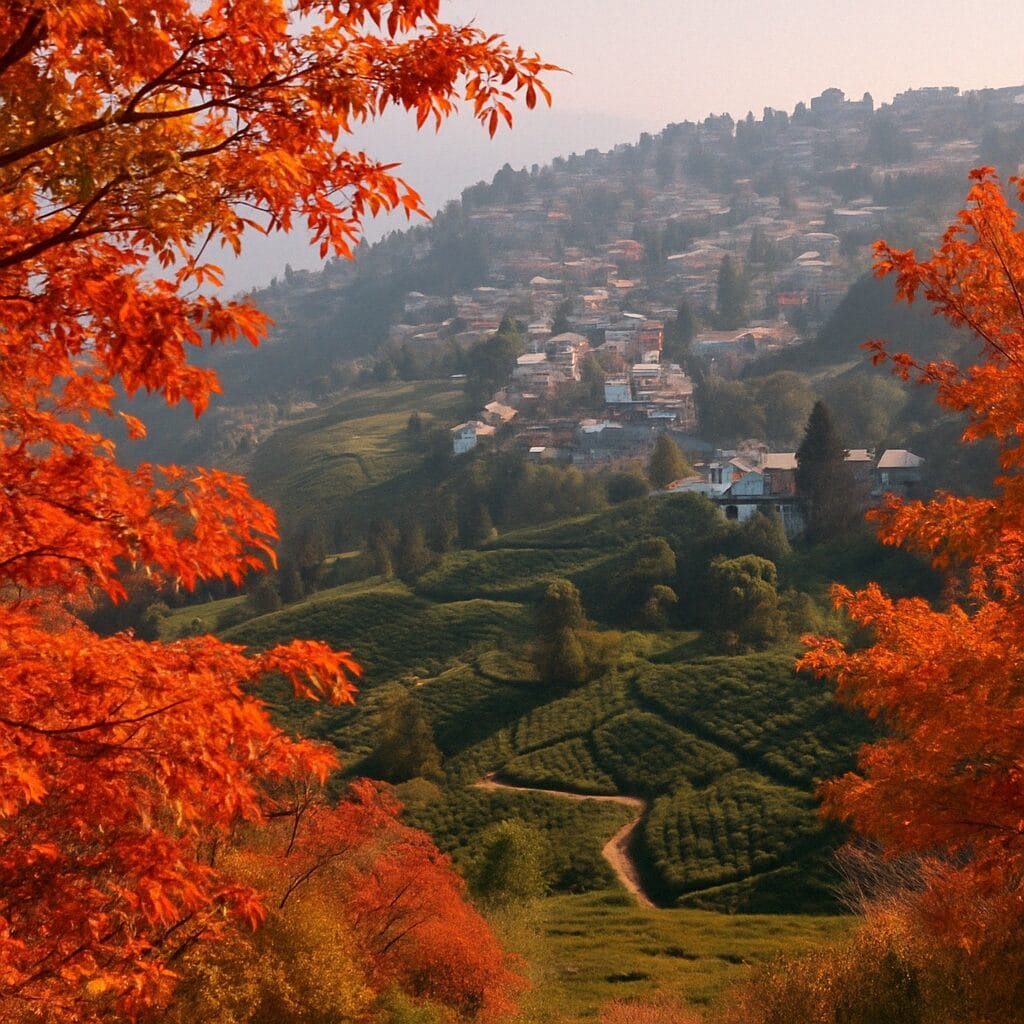 A panoramic view of a hillside town surrounded by tea gardens, framed by vivid red and orange autumn leaves in Darjeeling.