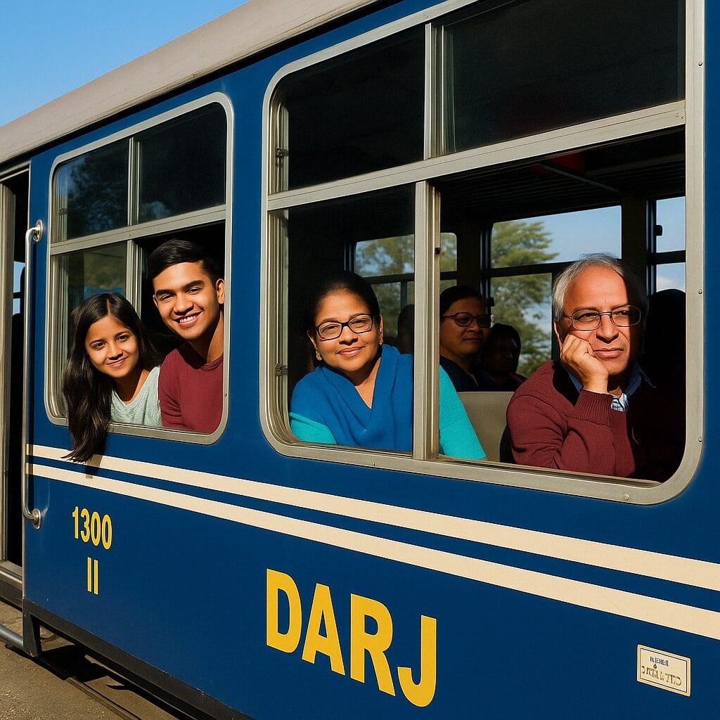 Smiling passengers peek from the Darjeeling toy train as it travels beneath a bright blue sky through the hills.
