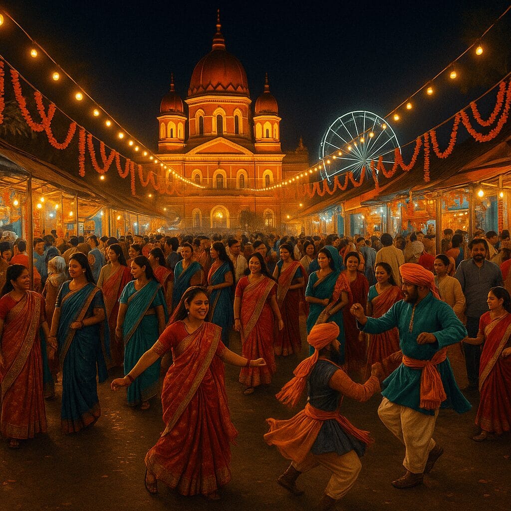 Nighttime view of Rash Mela in Cooch Behar with glowing lights, busy crowds, and festival stalls