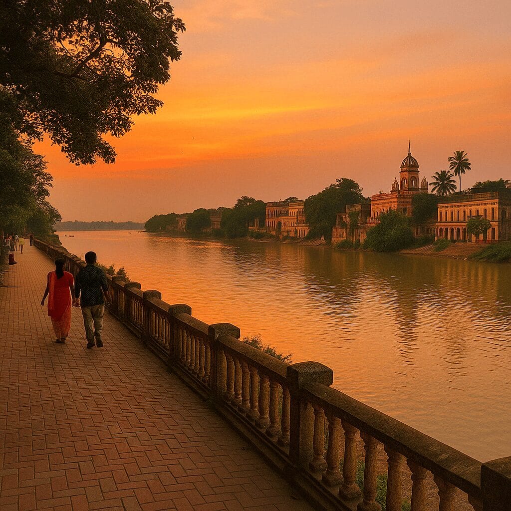 People walking along the paved promenade beside the Hooghly River during a vivid sunset.