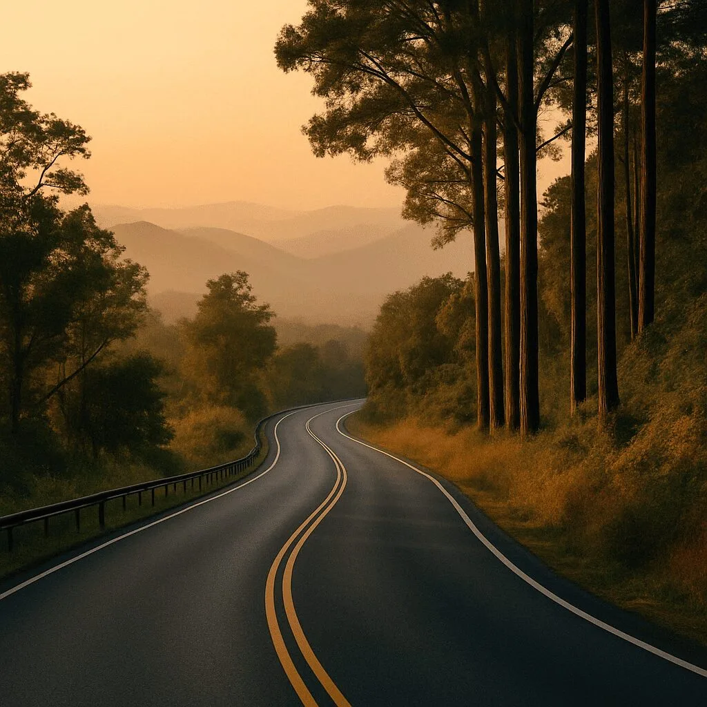 Scenic winding road through forested hills during golden hour near Cooch Behar
