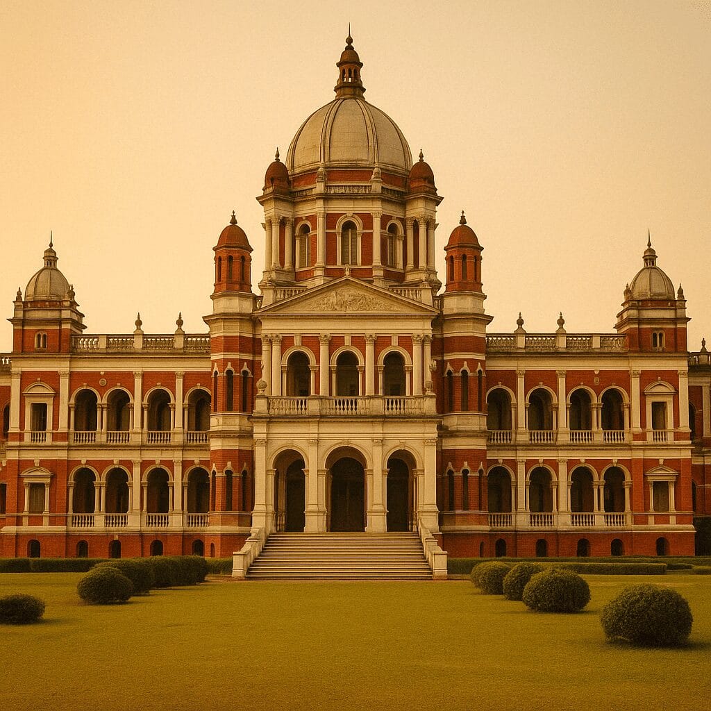 Front view of Cooch Behar Palace showcasing red-brick architecture and domes under soft daylight