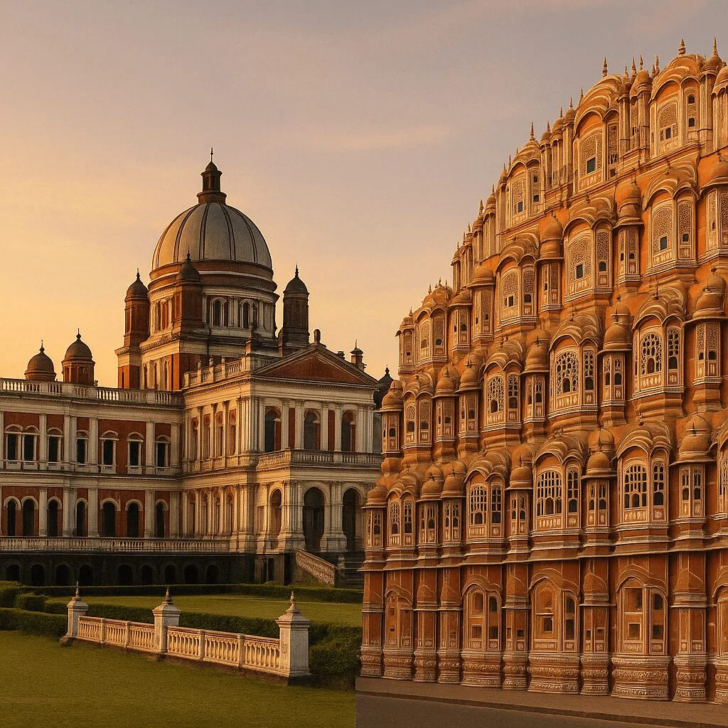 Side-by-side image of Cooch Behar Palace and Hawa Mahal representing the royal connection between Cooch Behar and Jaipur