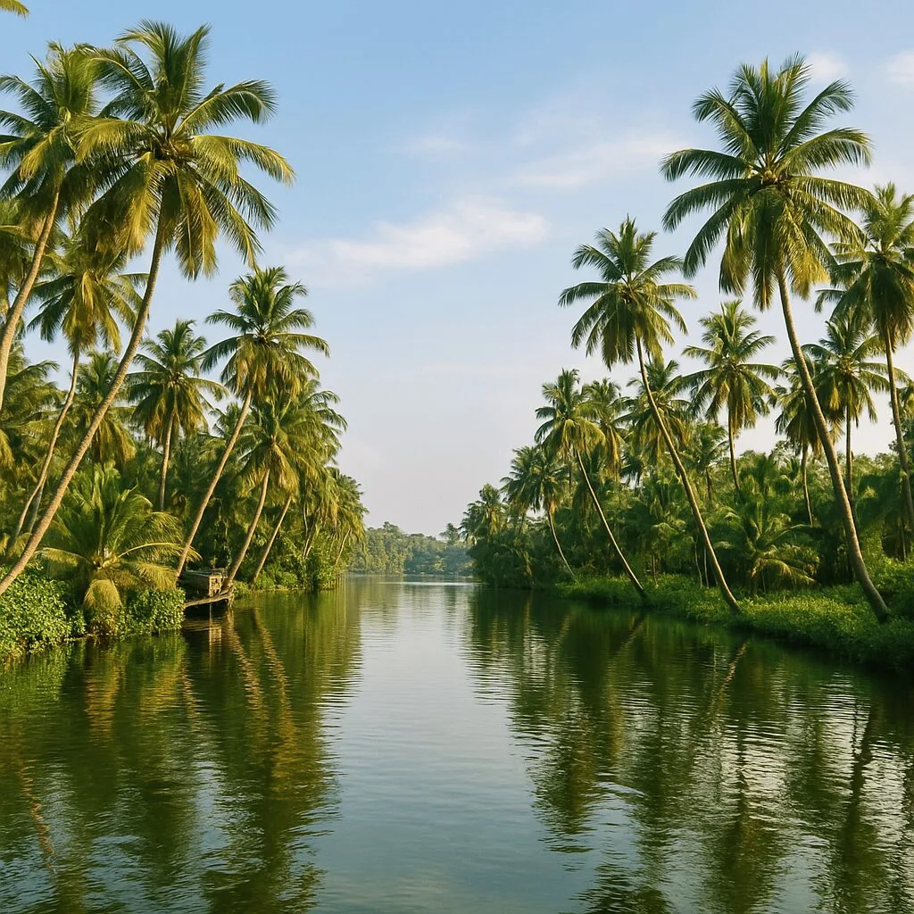 A scenic view of calm backwaters in Kottayam, surrounded by tall coconut trees with their reflections mirrored in the clear, peaceful water under a bright blue sky.