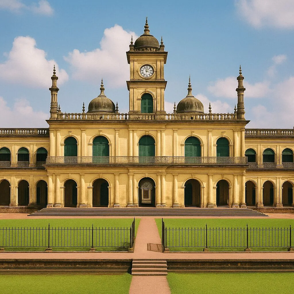 Intricate Islamic architecture of Hooghly Imambara featuring detailed carvings and the iconic clock tower under a blue sky.