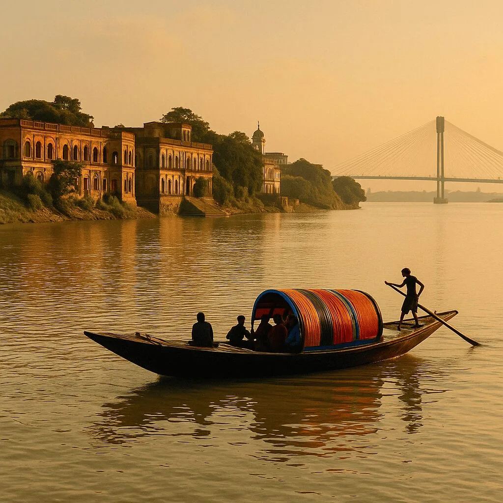 Traditional wooden boat with passengers rowing along the Hooghly River during sunset.