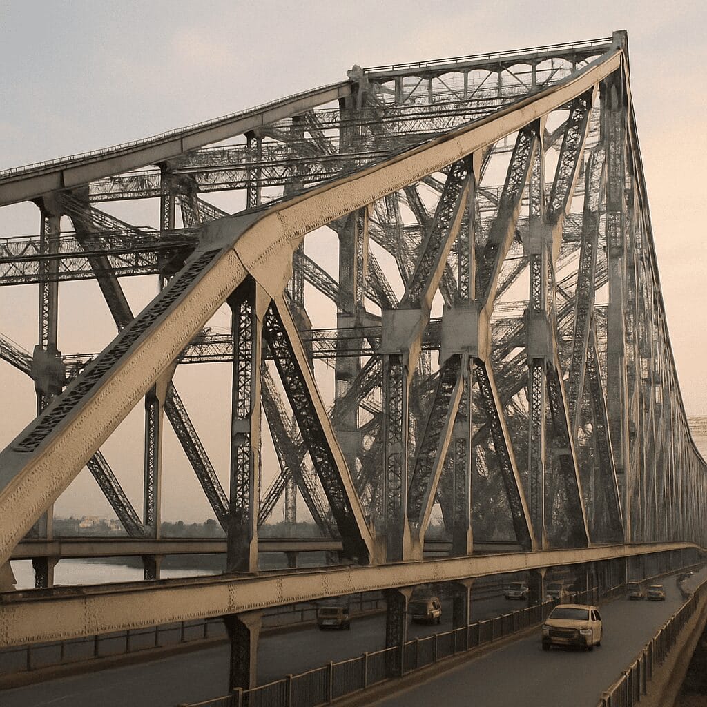 Close-up view of the Howrah Bridge's steel latticework with cars driving across.