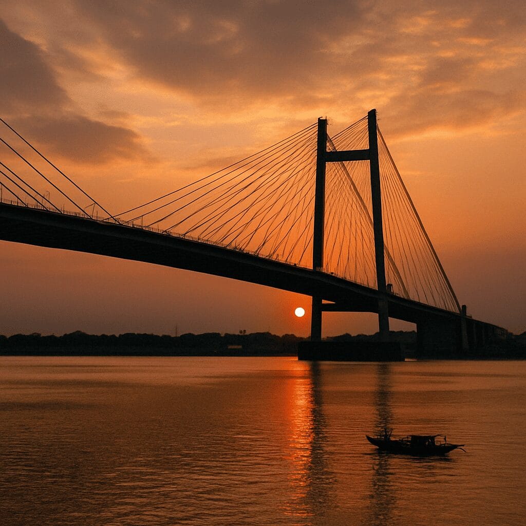 Suspension bridge over the Hooghly River with a glowing orange sunset and reflections in the water.