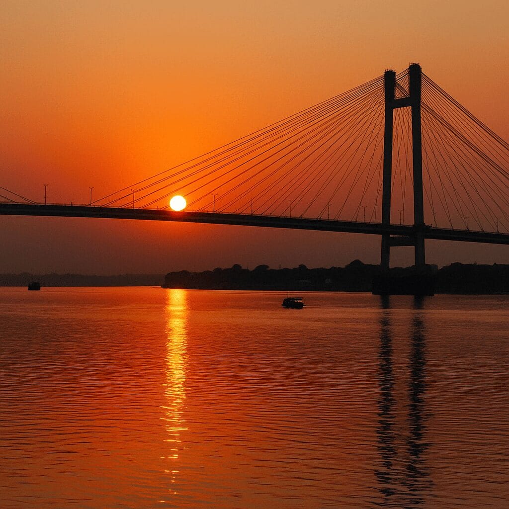 Suspension bridge over the Hooghly River with a glowing orange sunset and reflections in the water.