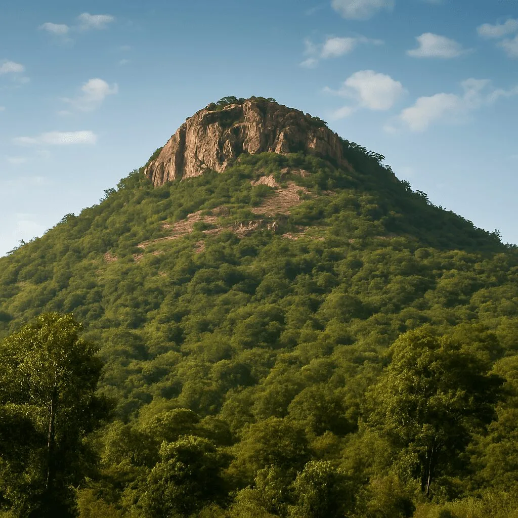 Scenic base view of Susunia Hill with dense greenery and blue sky in Bankura.