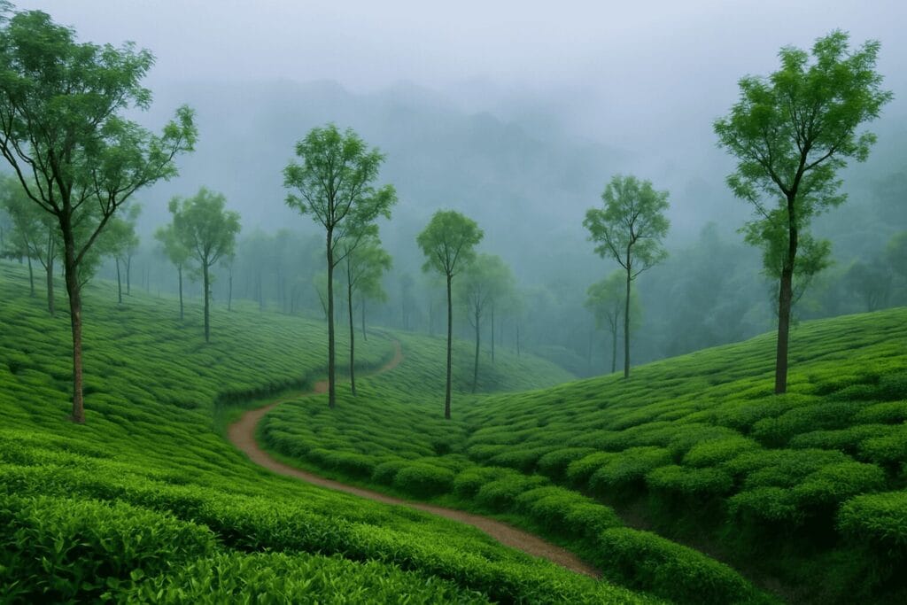 A misty morning view of a tea estate in Valparai with neatly trimmed green tea bushes covering rolling hills, tall trees scattered throughout, and winding paths fading into the fog.