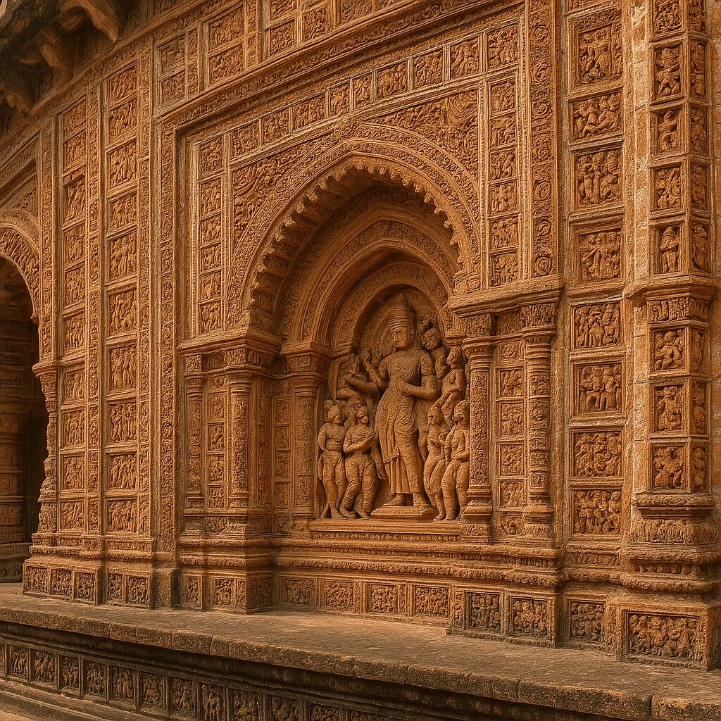Intricate terracotta carvings on Madanmohan Temple wall in Bishnupur, Bankura.
