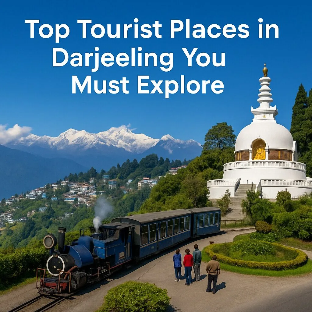 A scenic view of Darjeeling with the iconic blue toy train passing Batasia Loop, the white Peace Pagoda surrounded by greenery, and the snow-capped Kanchenjunga mountain range in the background under a clear blue sky.